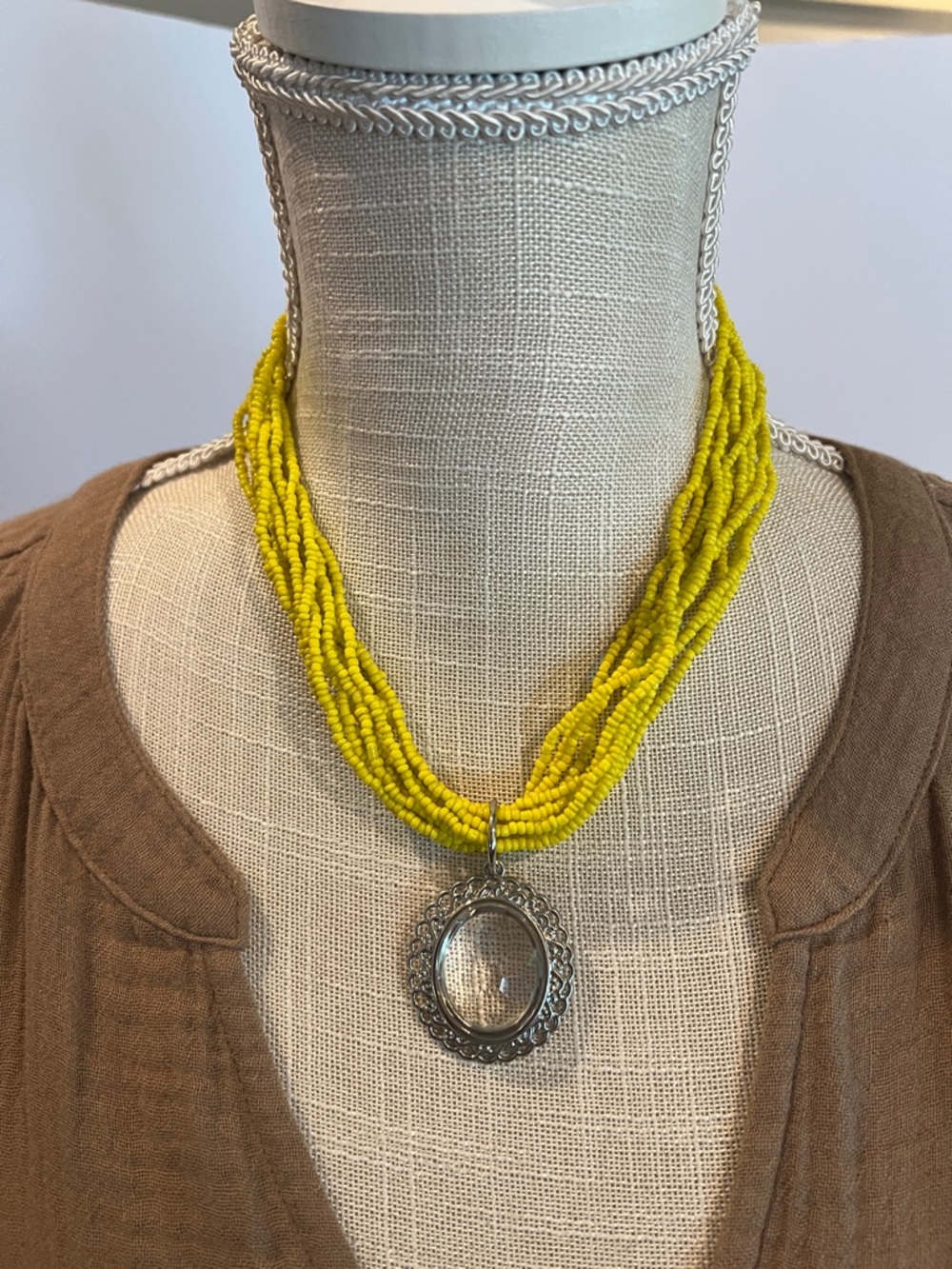 Yellow Multi-Strand Beaded Necklace with Silver Pendant